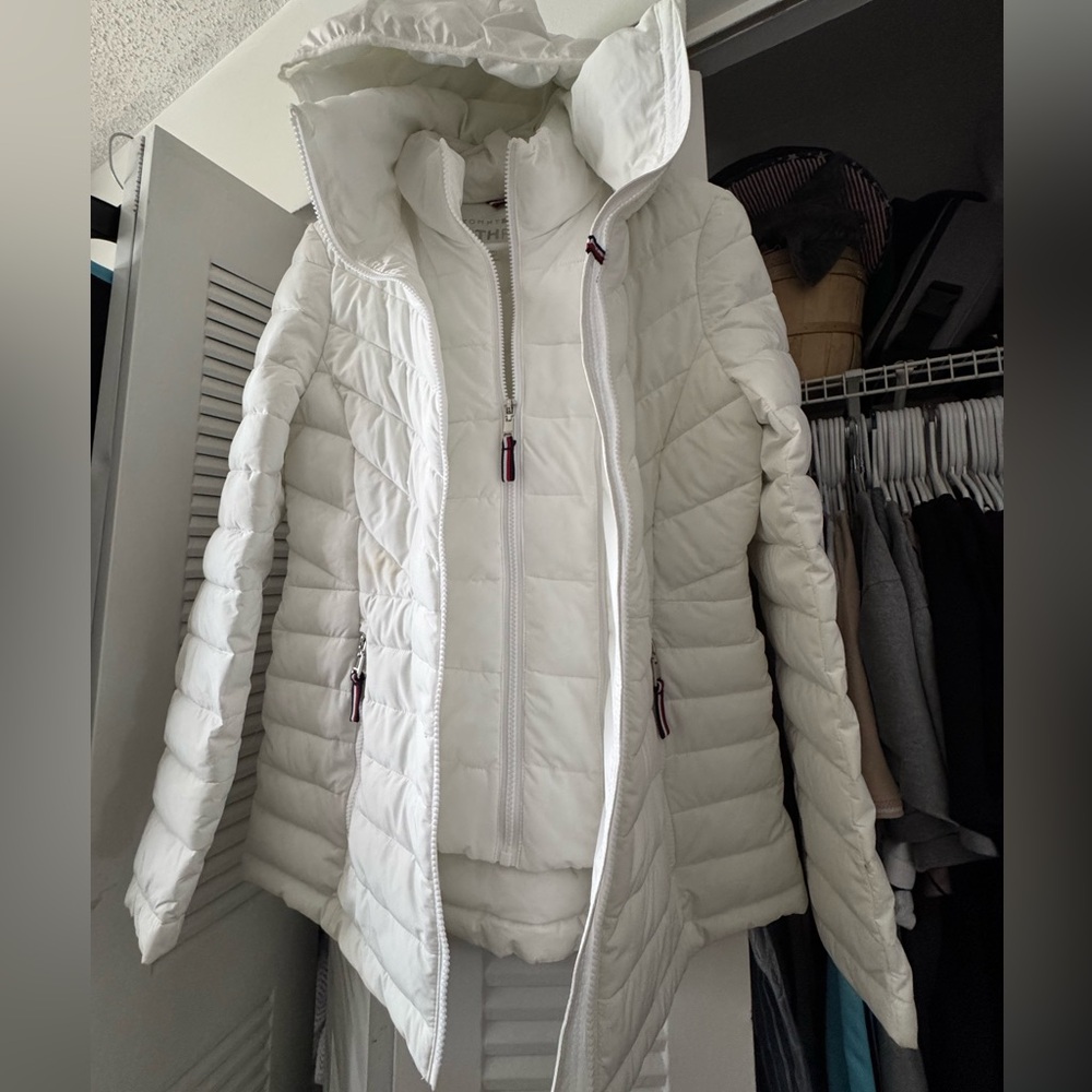 Tommy Hilfiger lightweight water resistant THFlex double zipper coat with hoodie
